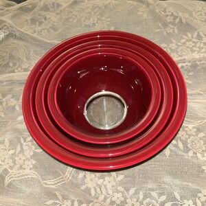 Vtg 90s PYREX Serving Mixing Bowl Burgundy Red Clear Bottom Nesting 3 Pc Set